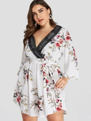 OEM ODM V-Neck Floral Print Lace Self-Tie Wrap Long Sleeve Curved Hem Plus Size Dress