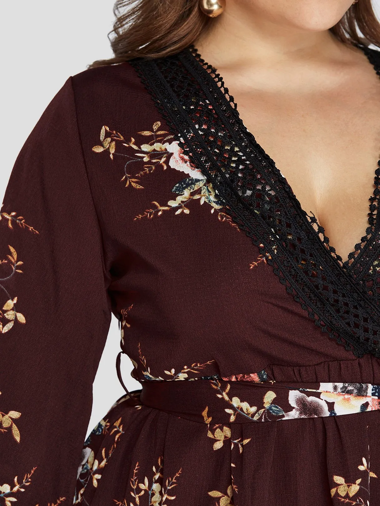 OEM ODM V-Neck Floral Print Lace Self-Tie Wrap Long Sleeve Curved Hem Plus Size Dress
