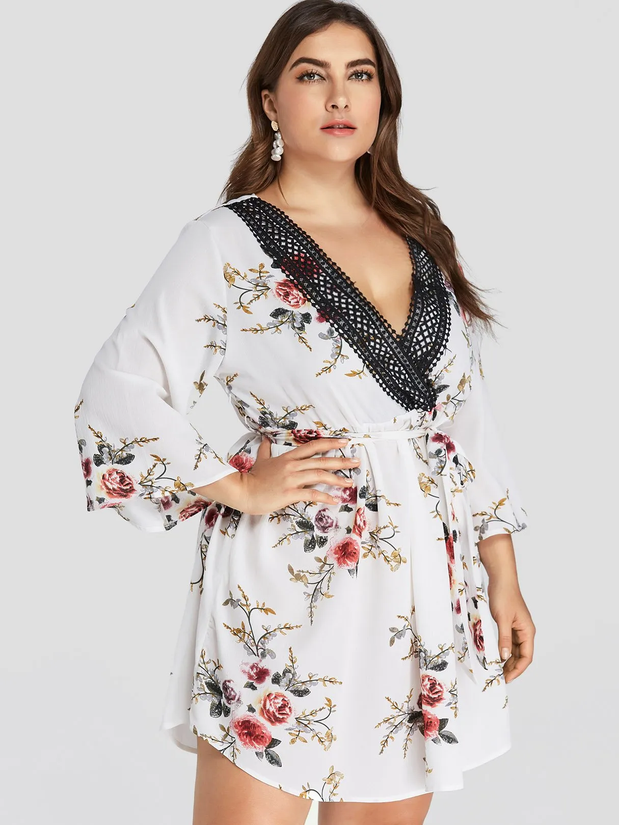 OEM ODM V-Neck Floral Print Lace Self-Tie Wrap Long Sleeve Curved Hem Plus Size Dress
