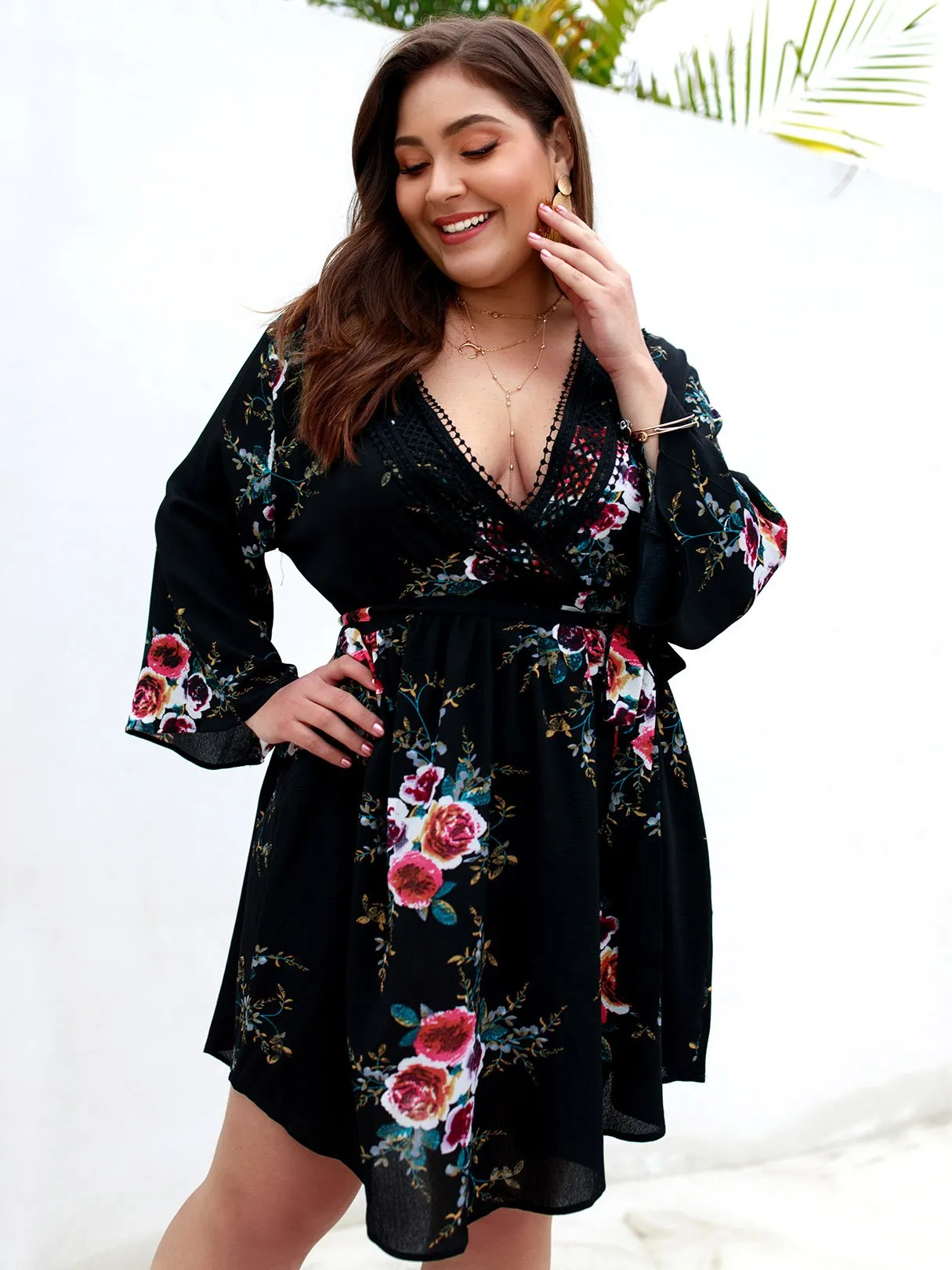 OEM ODM V-Neck Floral Print Lace Self-Tie Wrap Long Sleeve Curved Hem Plus Size Dress