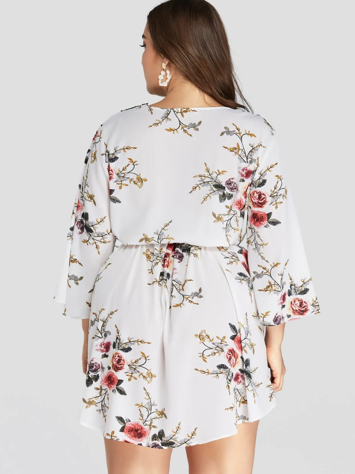 OEM ODM V-Neck Floral Print Lace Self-Tie Wrap Long Sleeve Curved Hem Plus Size Dress