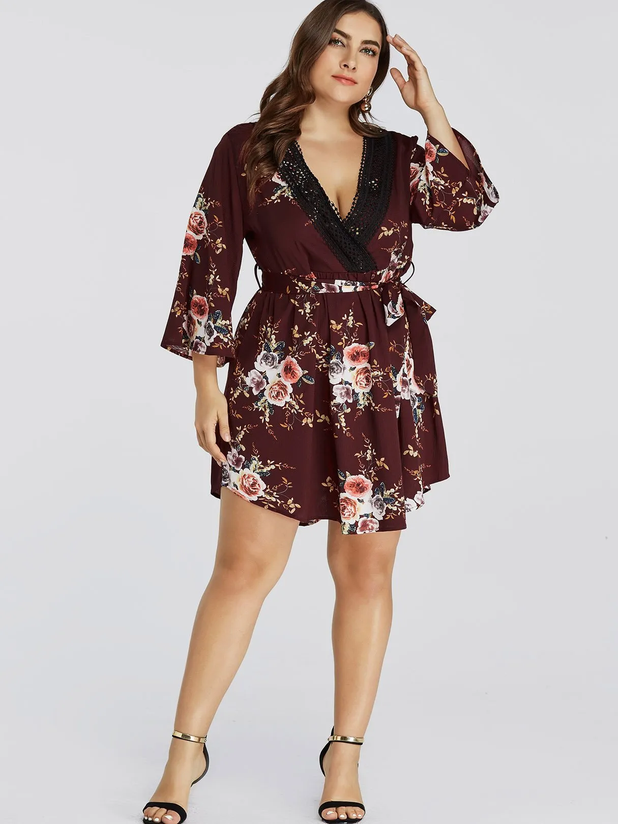 OEM ODM V-Neck Floral Print Lace Self-Tie Wrap Long Sleeve Curved Hem Plus Size Dress