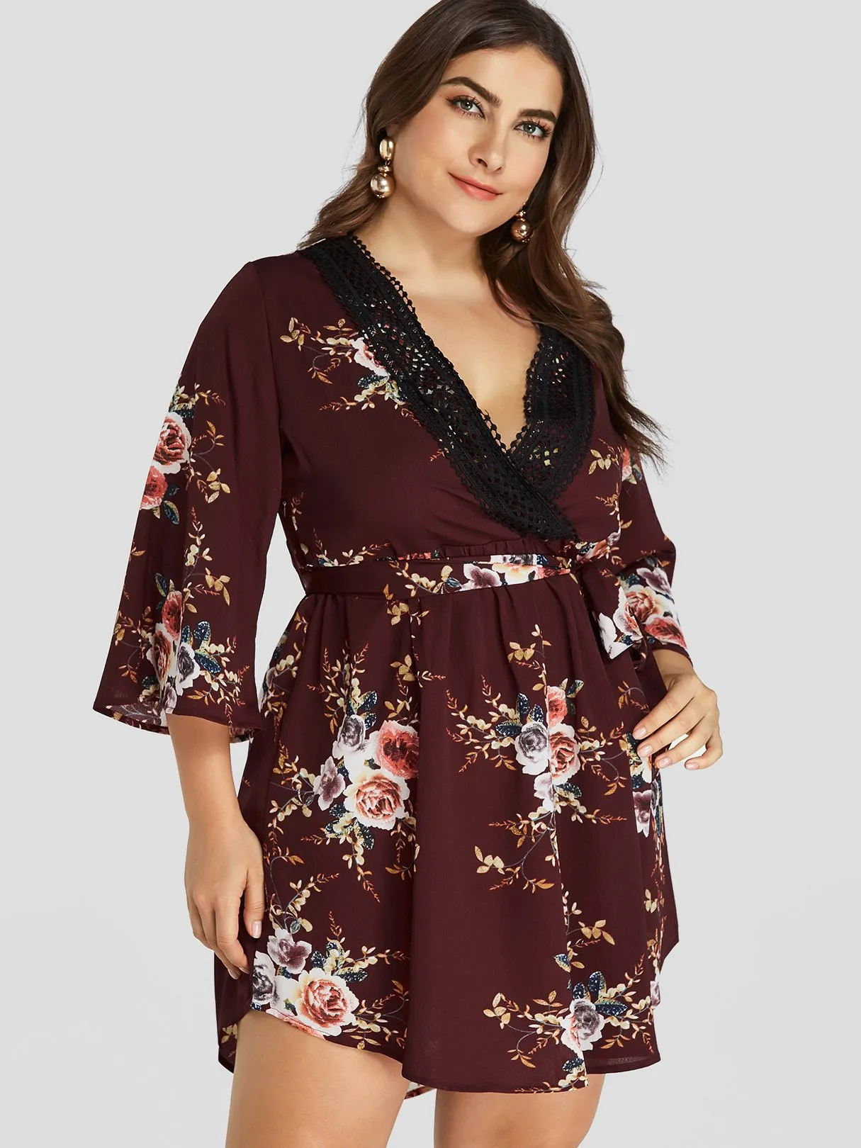 OEM ODM V-Neck Floral Print Lace Self-Tie Wrap Long Sleeve Curved Hem Plus Size Dress