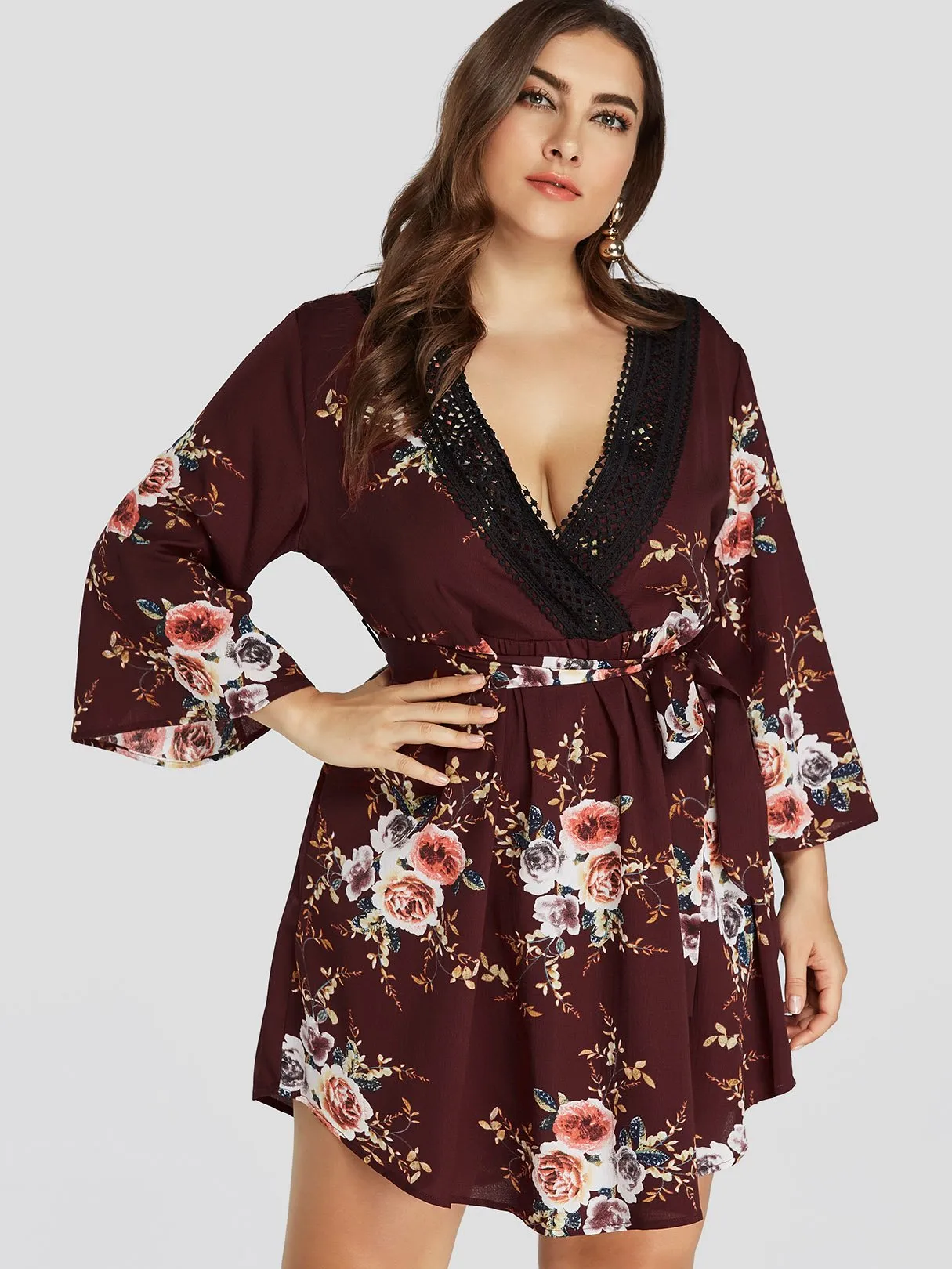 OEM ODM V-Neck Floral Print Lace Self-Tie Wrap Long Sleeve Curved Hem Plus Size Dress