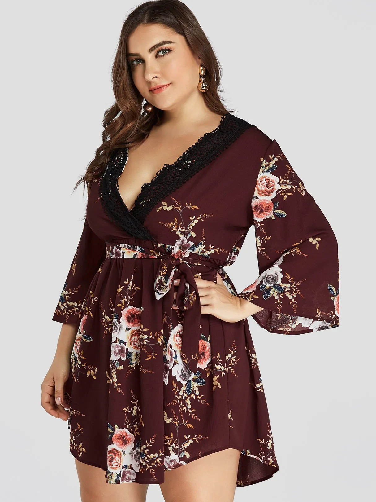 OEM ODM V-Neck Floral Print Lace Self-Tie Wrap Long Sleeve Curved Hem Plus Size Dress