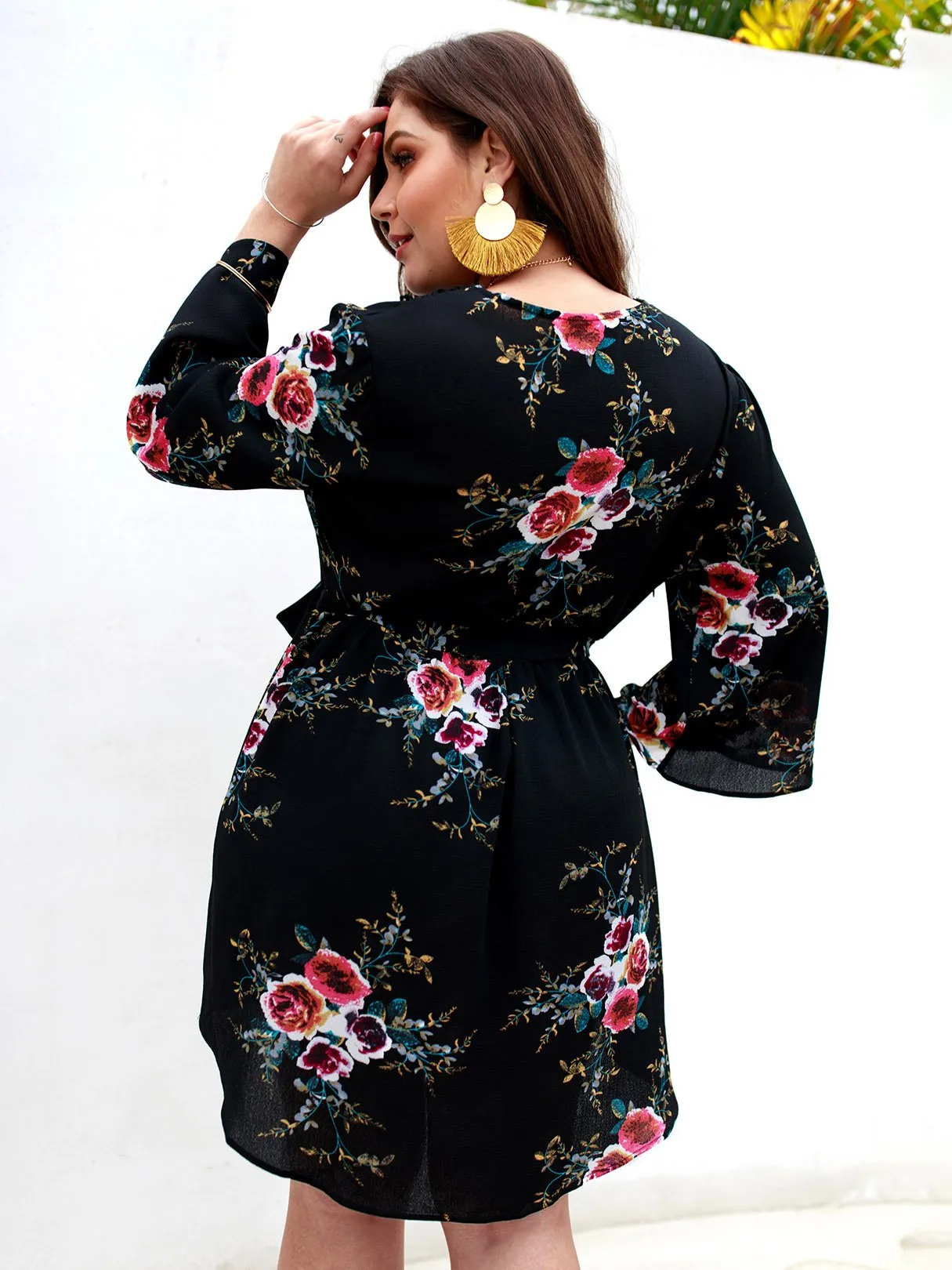 OEM ODM V-Neck Floral Print Lace Self-Tie Wrap Long Sleeve Curved Hem Plus Size Dress