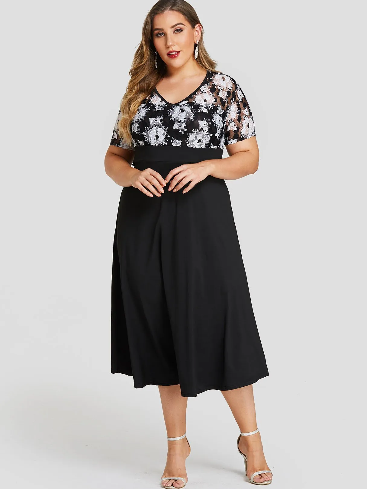 OEM ODM V-Neck Floral Print Lace Short Sleeve Plus Size Dress