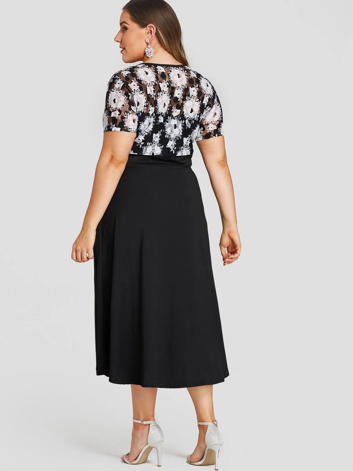 OEM ODM V-Neck Floral Print Lace Short Sleeve Plus Size Dress