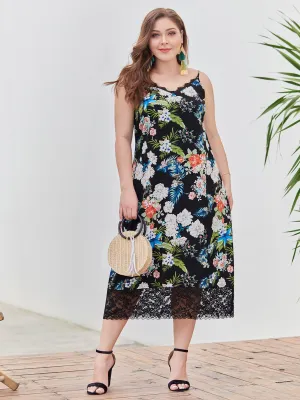 OEM ODM V-Neck Floral Print Lace Sleeveless Black Plus Size Dress