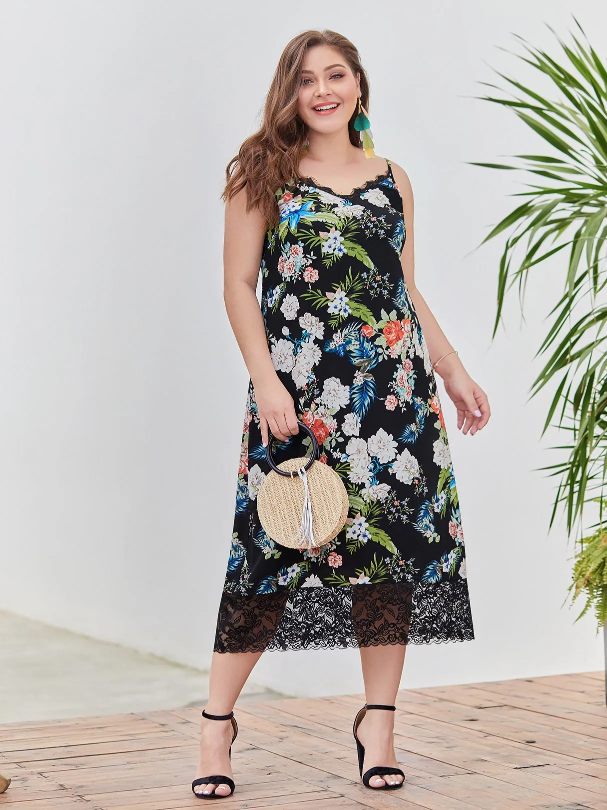 OEM ODM V-Neck Floral Print Lace Sleeveless Black Plus Size Dress