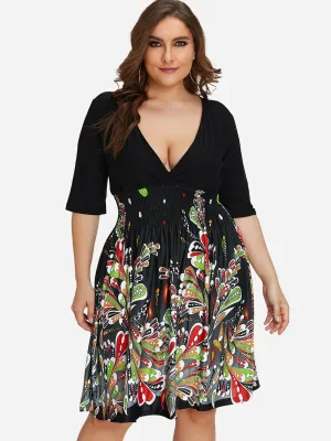OEM ODM V-Neck Floral Print Pleated Half Sleeve Black Plus Size Dress