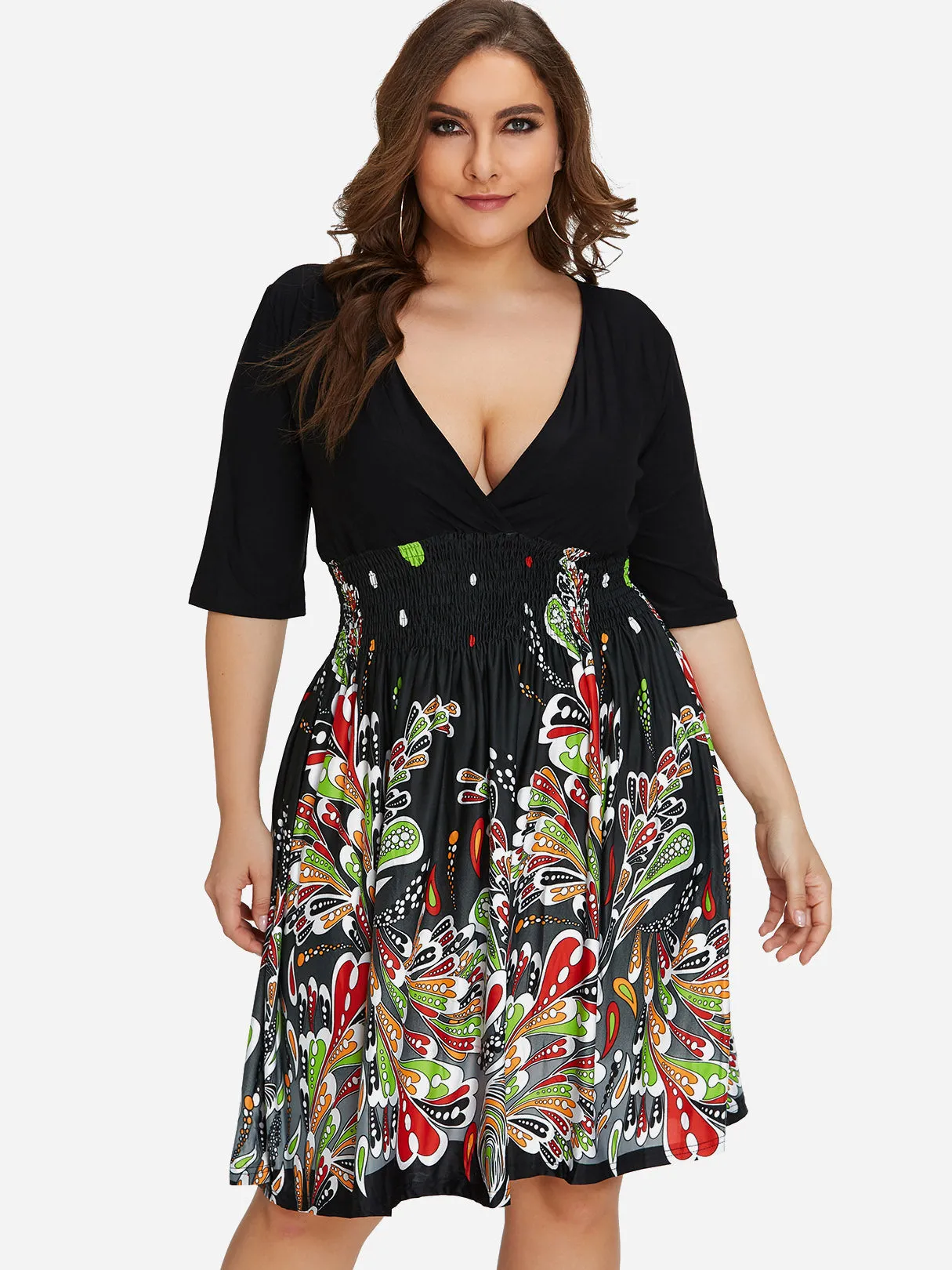 OEM ODM V-Neck Floral Print Pleated Half Sleeve Black Plus Size Dress