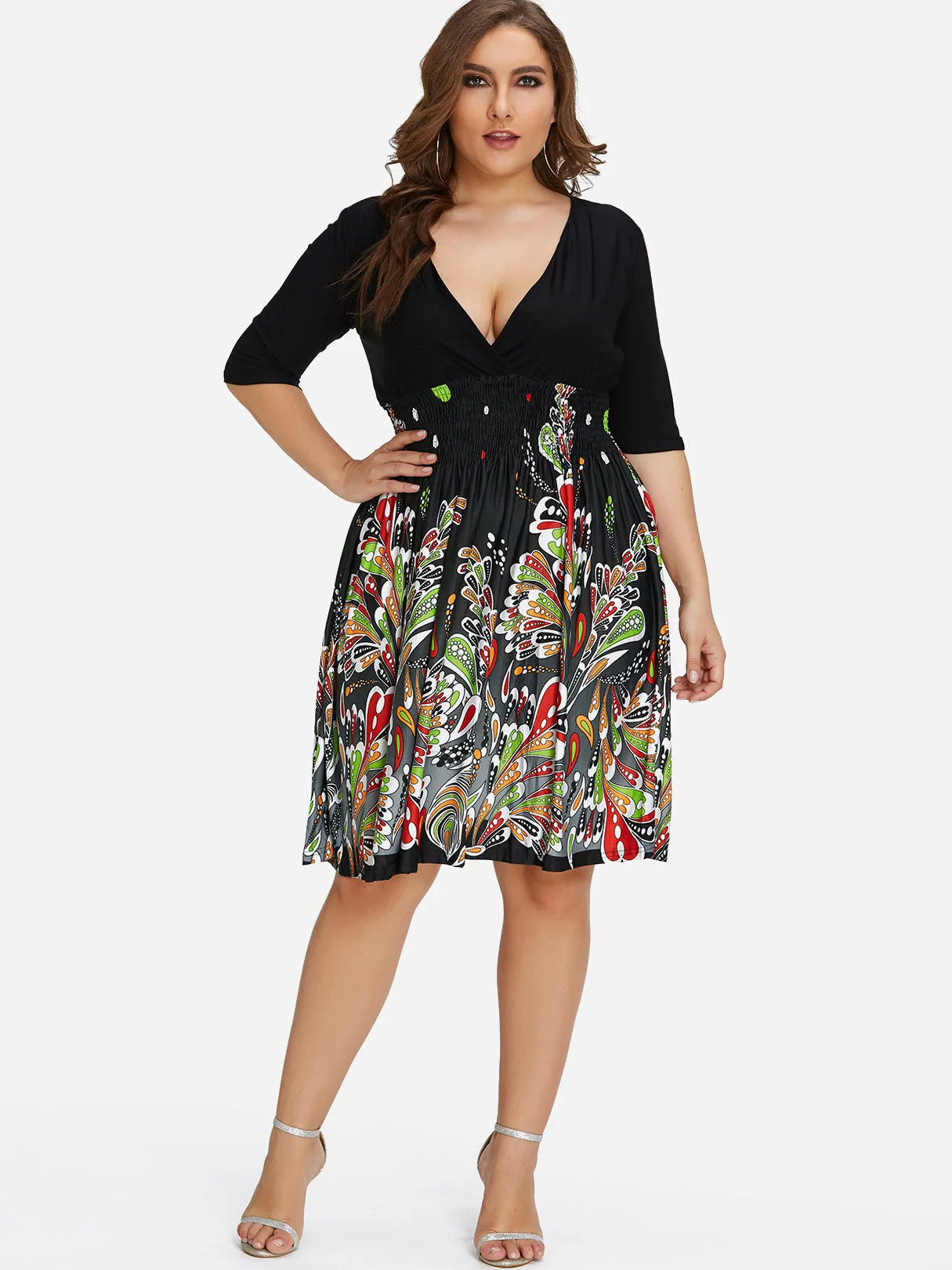 OEM ODM V-Neck Floral Print Pleated Half Sleeve Black Plus Size Dress