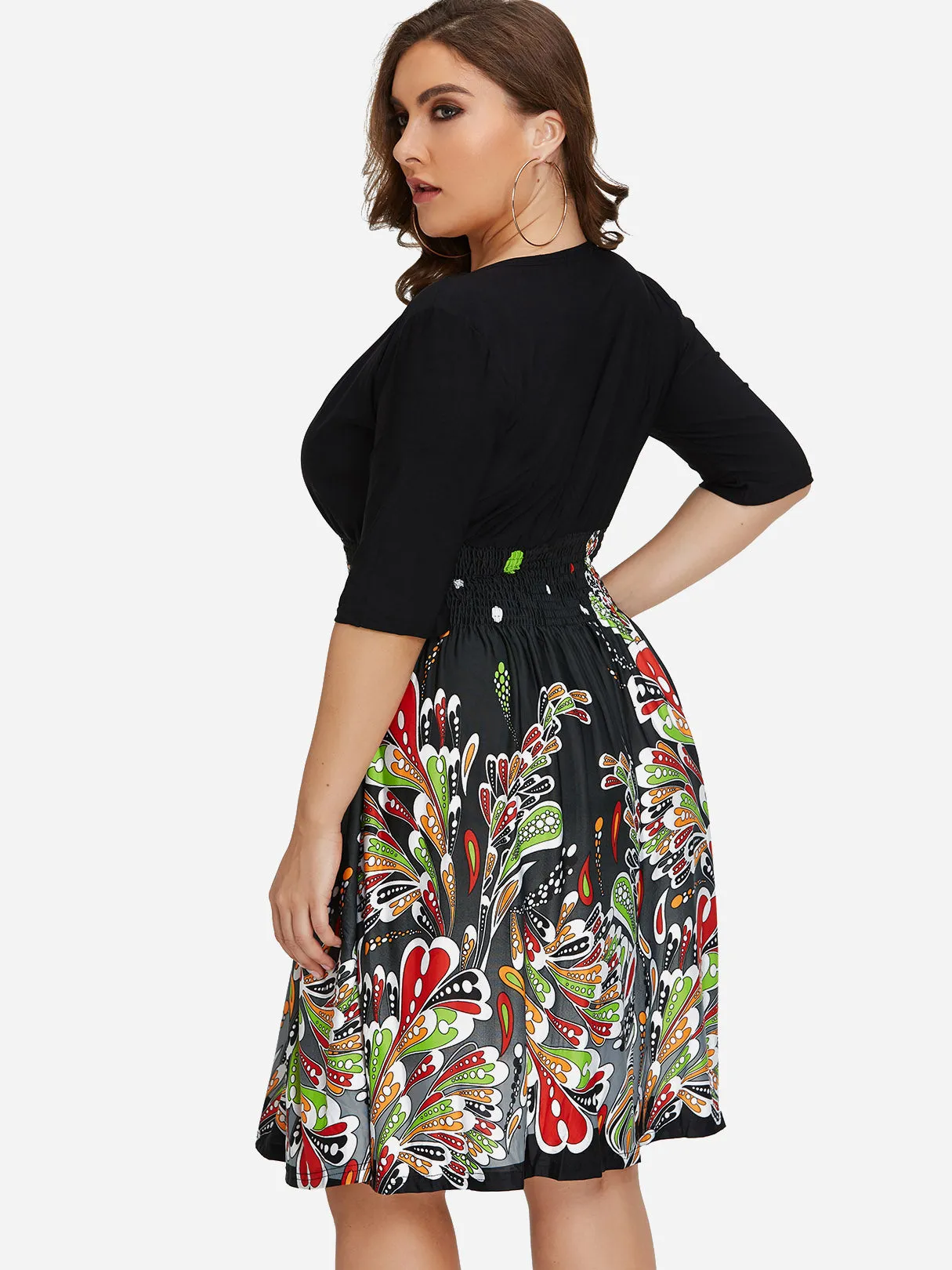 OEM ODM V-Neck Floral Print Pleated Half Sleeve Black Plus Size Dress