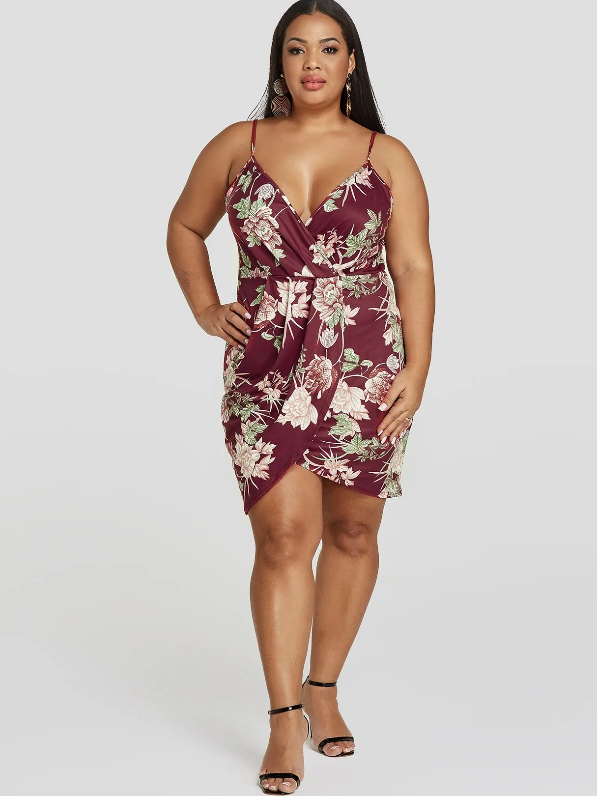 OEM ODM V-Neck Floral Print Pleated Spaghetti Strap Wrap Sleeveless Asymmetrical Hem Plus Size Dress