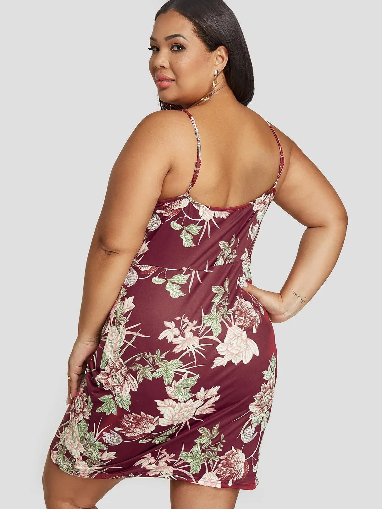 OEM ODM V-Neck Floral Print Pleated Spaghetti Strap Wrap Sleeveless Asymmetrical Hem Plus Size Dress