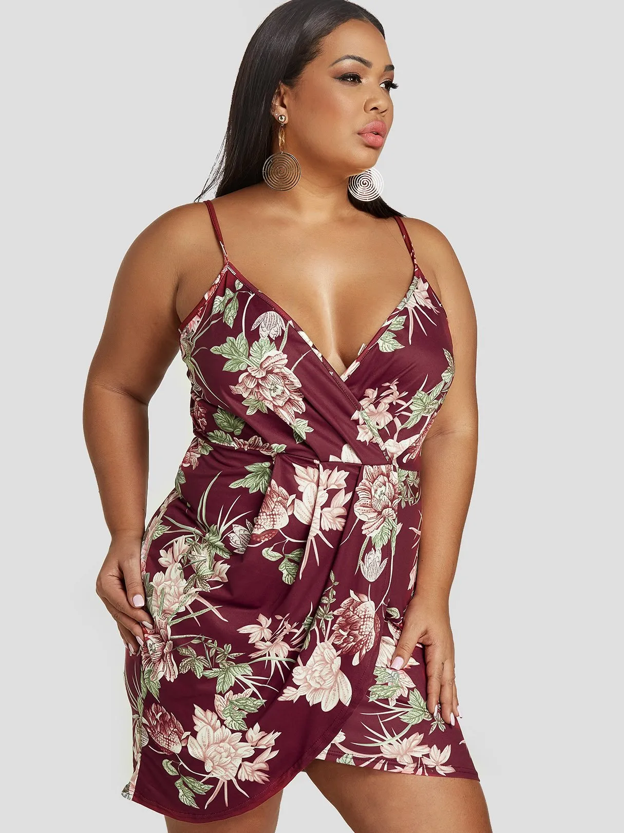OEM ODM V-Neck Floral Print Pleated Spaghetti Strap Wrap Sleeveless Asymmetrical Hem Plus Size Dress