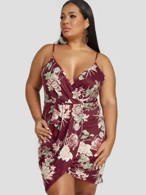 OEM ODM V-Neck Floral Print Pleated Spaghetti Strap Wrap Sleeveless Asymmetrical Hem Plus Size Dress