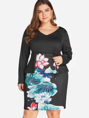 OEM ODM V-Neck Floral Print Self-Tie Long Sleeve Black Plus Size Dress