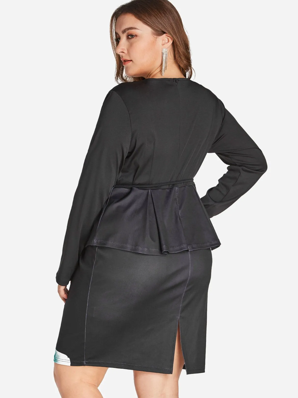 OEM ODM V-Neck Floral Print Self-Tie Long Sleeve Black Plus Size Dress