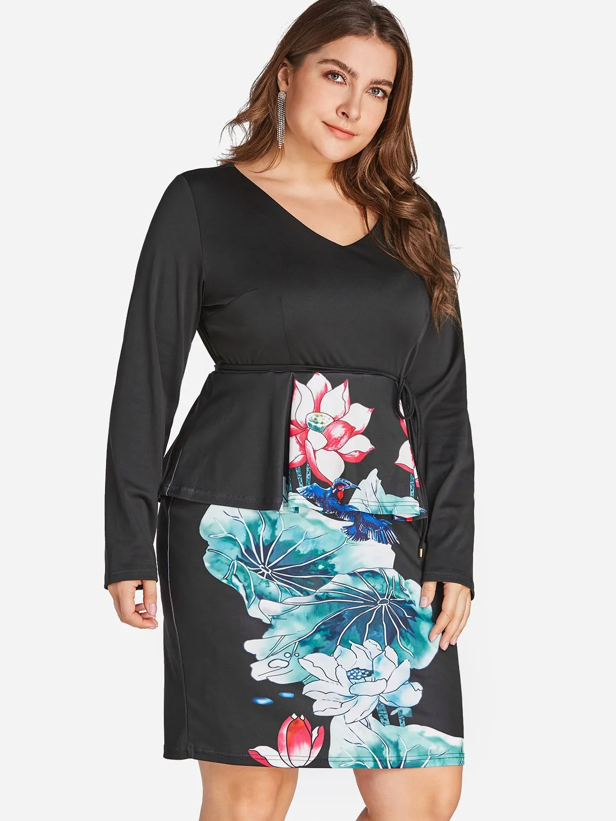 OEM ODM V-Neck Floral Print Self-Tie Long Sleeve Black Plus Size Dress