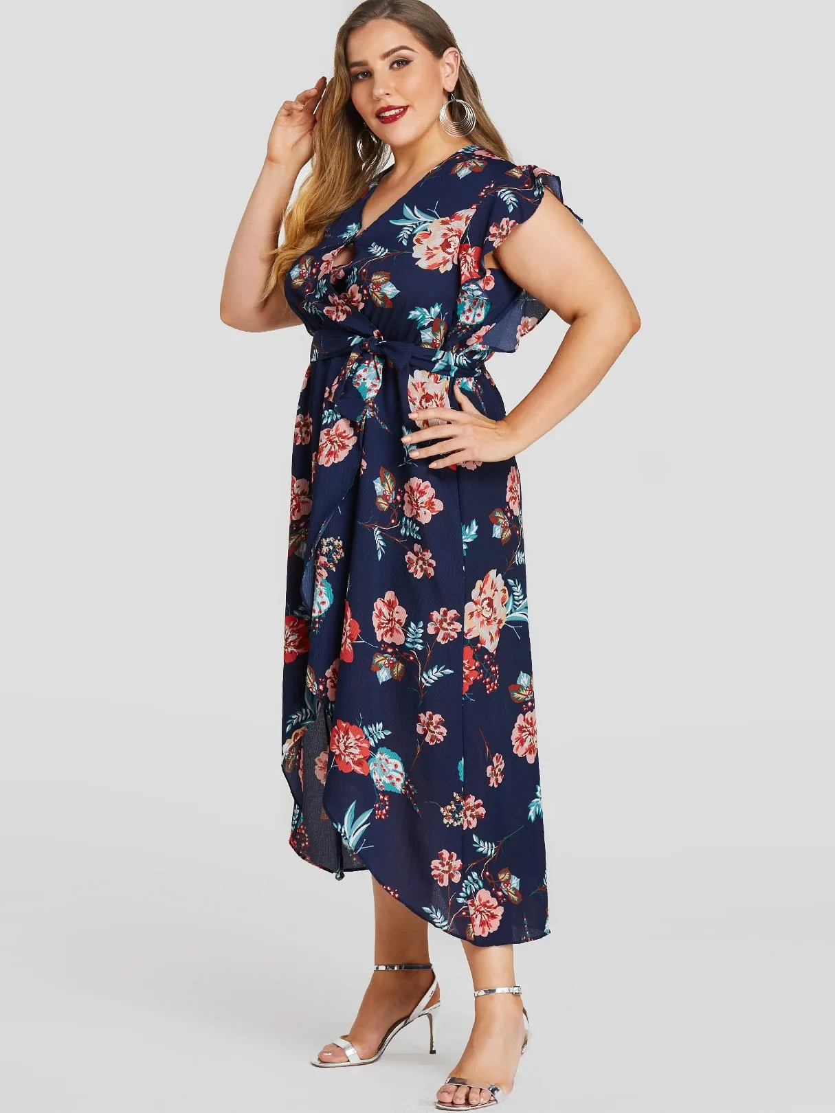 OEM ODM V-Neck Floral Print Self-Tie Ruffle Trim Sleeveless Navy Plus Size Dress