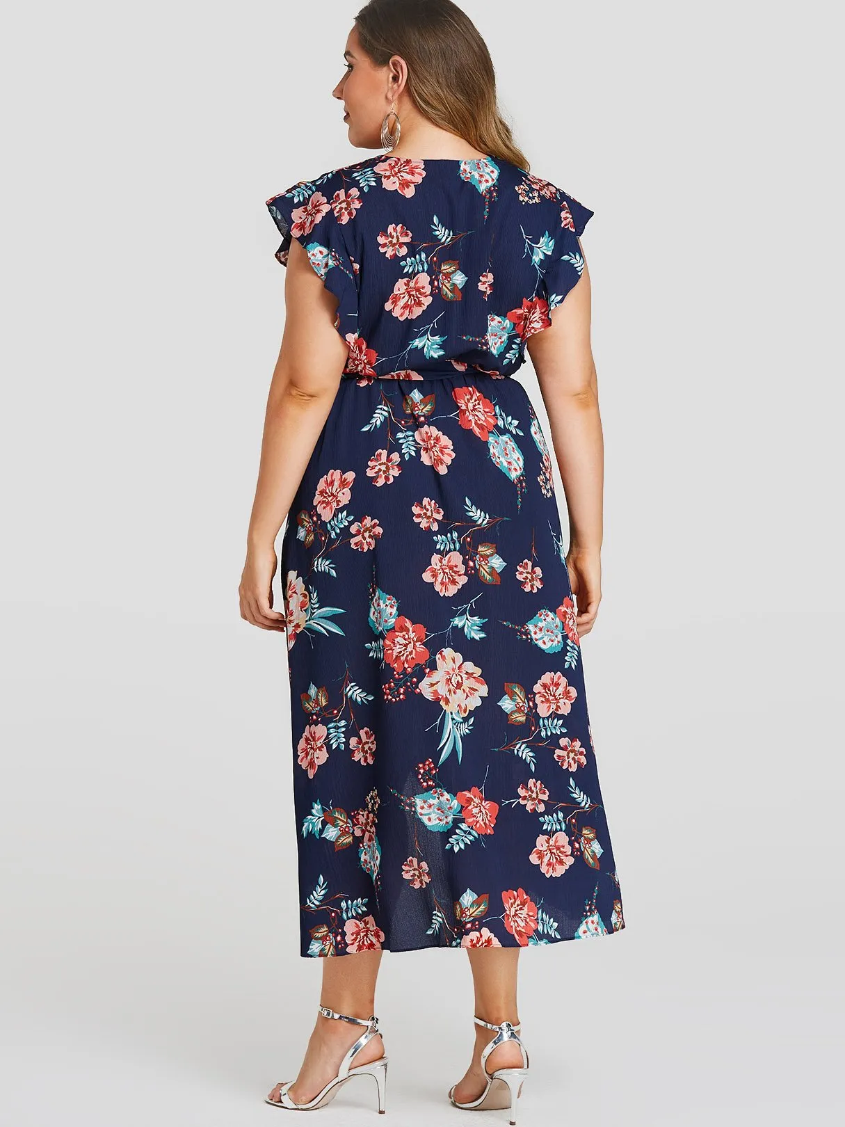 OEM ODM V-Neck Floral Print Self-Tie Ruffle Trim Sleeveless Navy Plus Size Dress