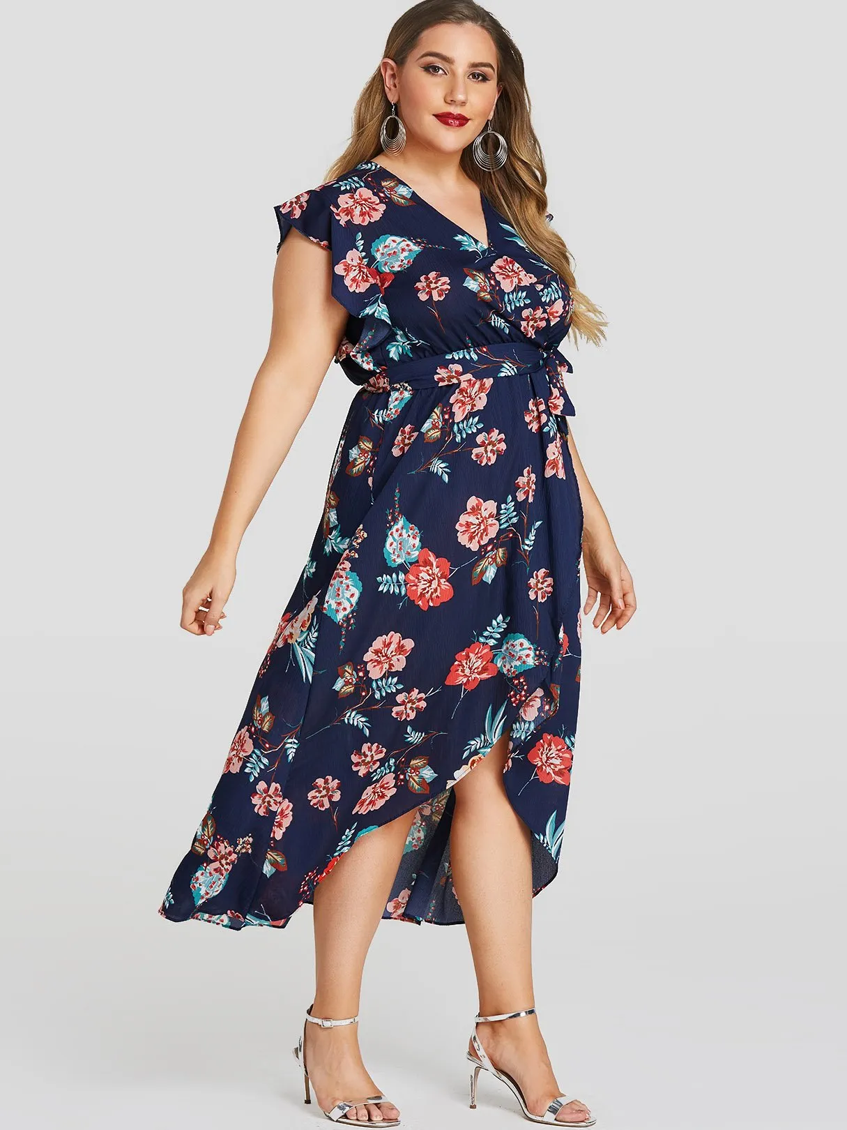 OEM ODM V-Neck Floral Print Self-Tie Ruffle Trim Sleeveless Navy Plus Size Dress