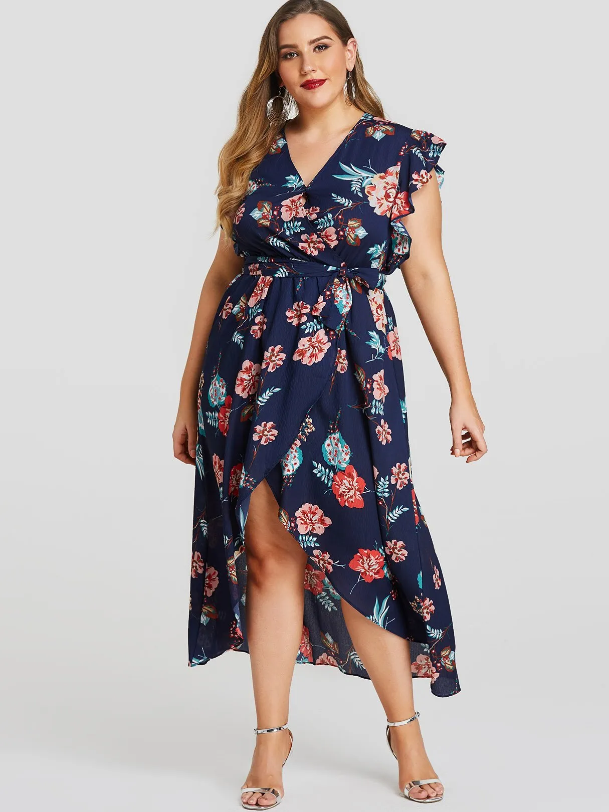 OEM ODM V-Neck Floral Print Self-Tie Ruffle Trim Sleeveless Navy Plus Size Dress