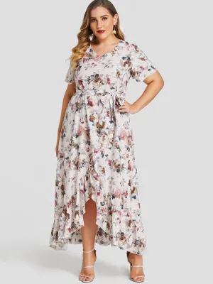 OEM ODM V-Neck Floral Print Self-Tie Short Sleeve Ruffle Hem White Plus Size Dress
