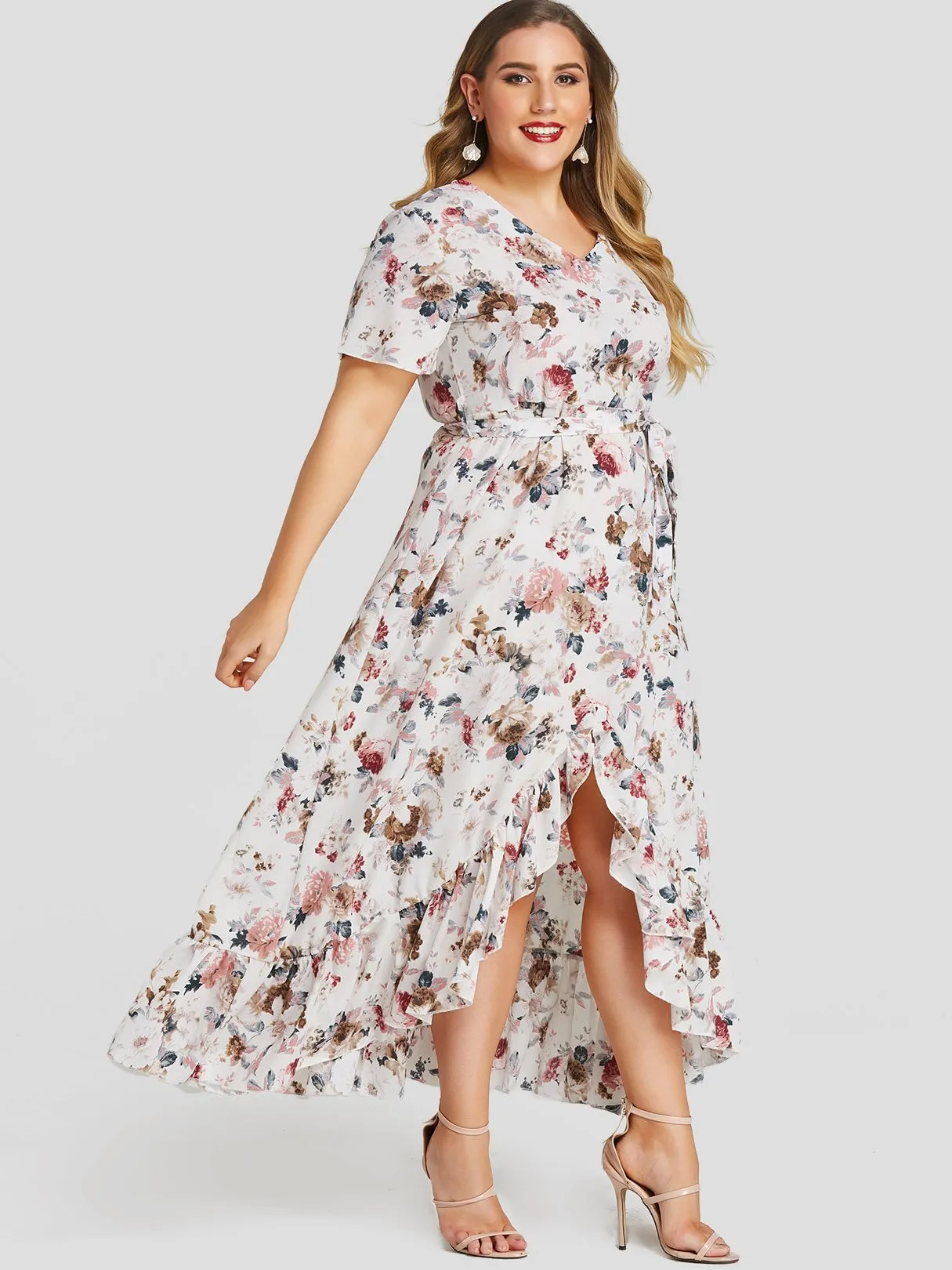 OEM ODM V-Neck Floral Print Self-Tie Short Sleeve Ruffle Hem White Plus Size Dress