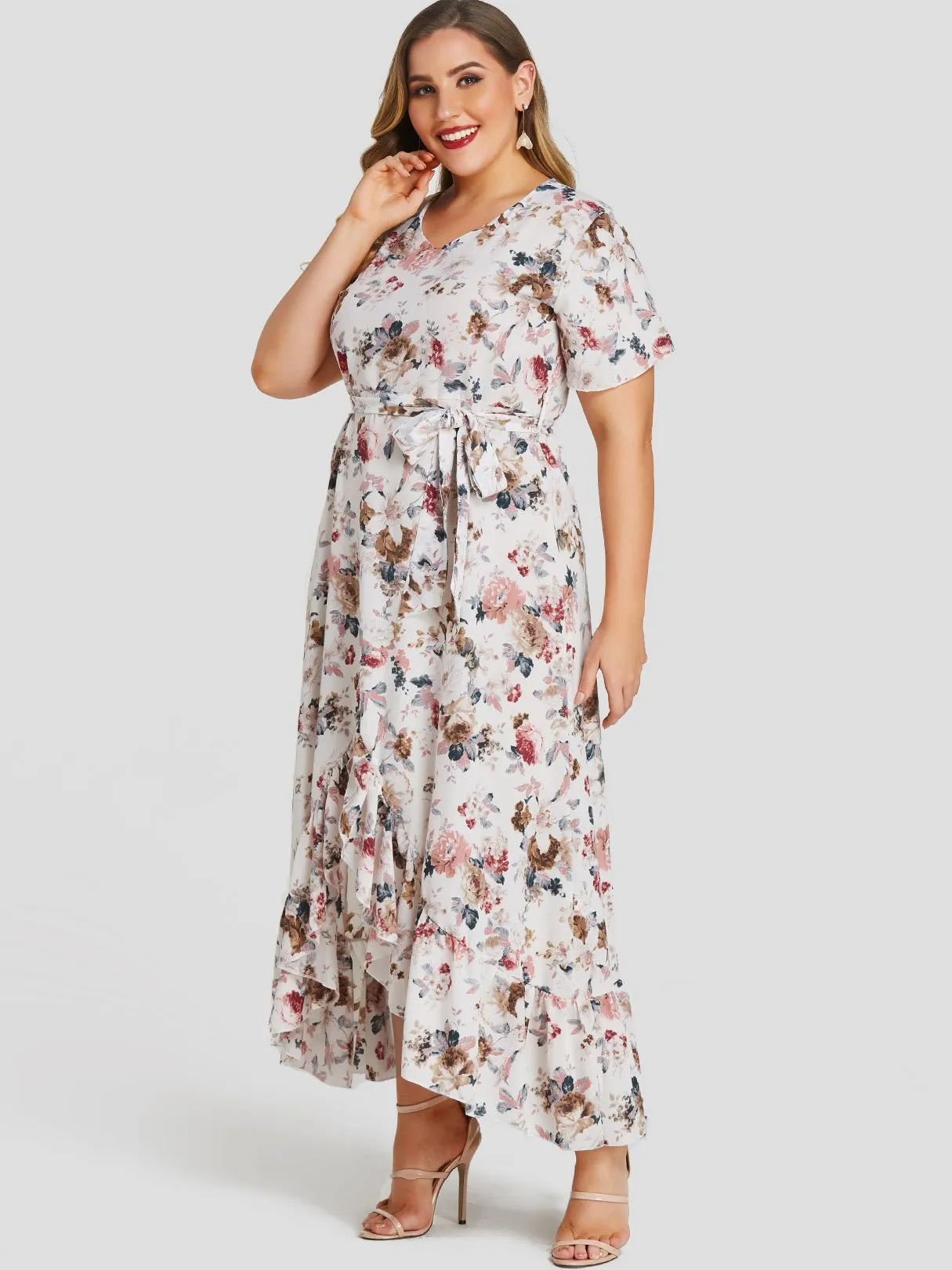 OEM ODM V-Neck Floral Print Self-Tie Short Sleeve Ruffle Hem White Plus Size Dress