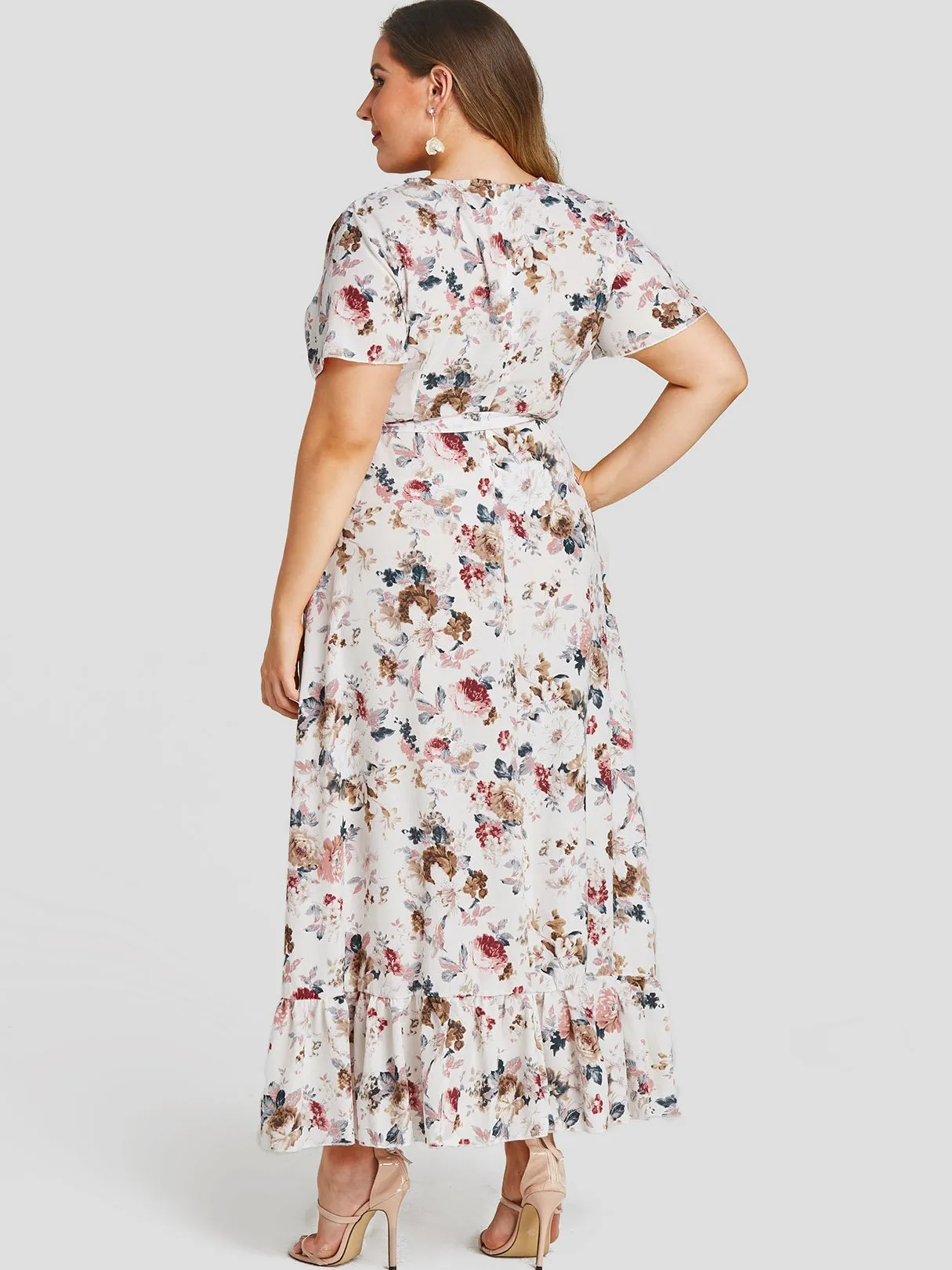 OEM ODM V-Neck Floral Print Self-Tie Short Sleeve Ruffle Hem White Plus Size Dress