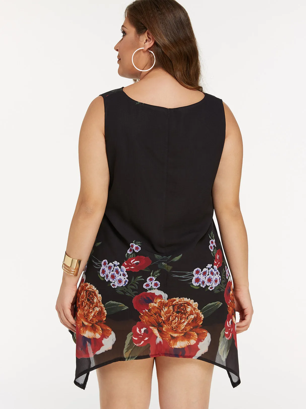 OEM ODM V-Neck Floral Print Sheer Sleeveless Irregular Hem Plus Size Dresses