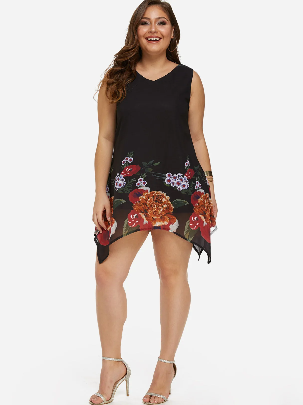 OEM ODM V-Neck Floral Print Sheer Sleeveless Irregular Hem Plus Size Dresses