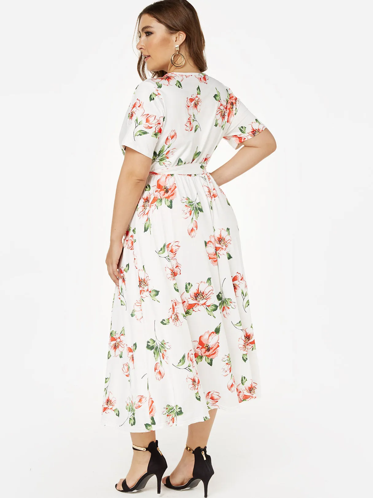 OEM ODM V-Neck Floral Print Short Sleeve Slit Hem Plus Size Dresses