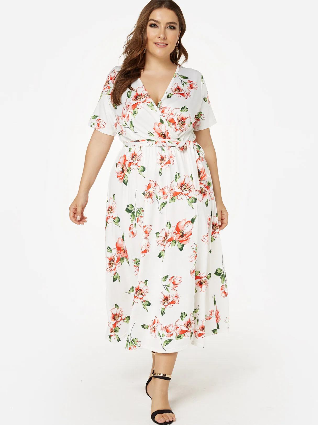 OEM ODM V-Neck Floral Print Short Sleeve Slit Hem Plus Size Dresses
