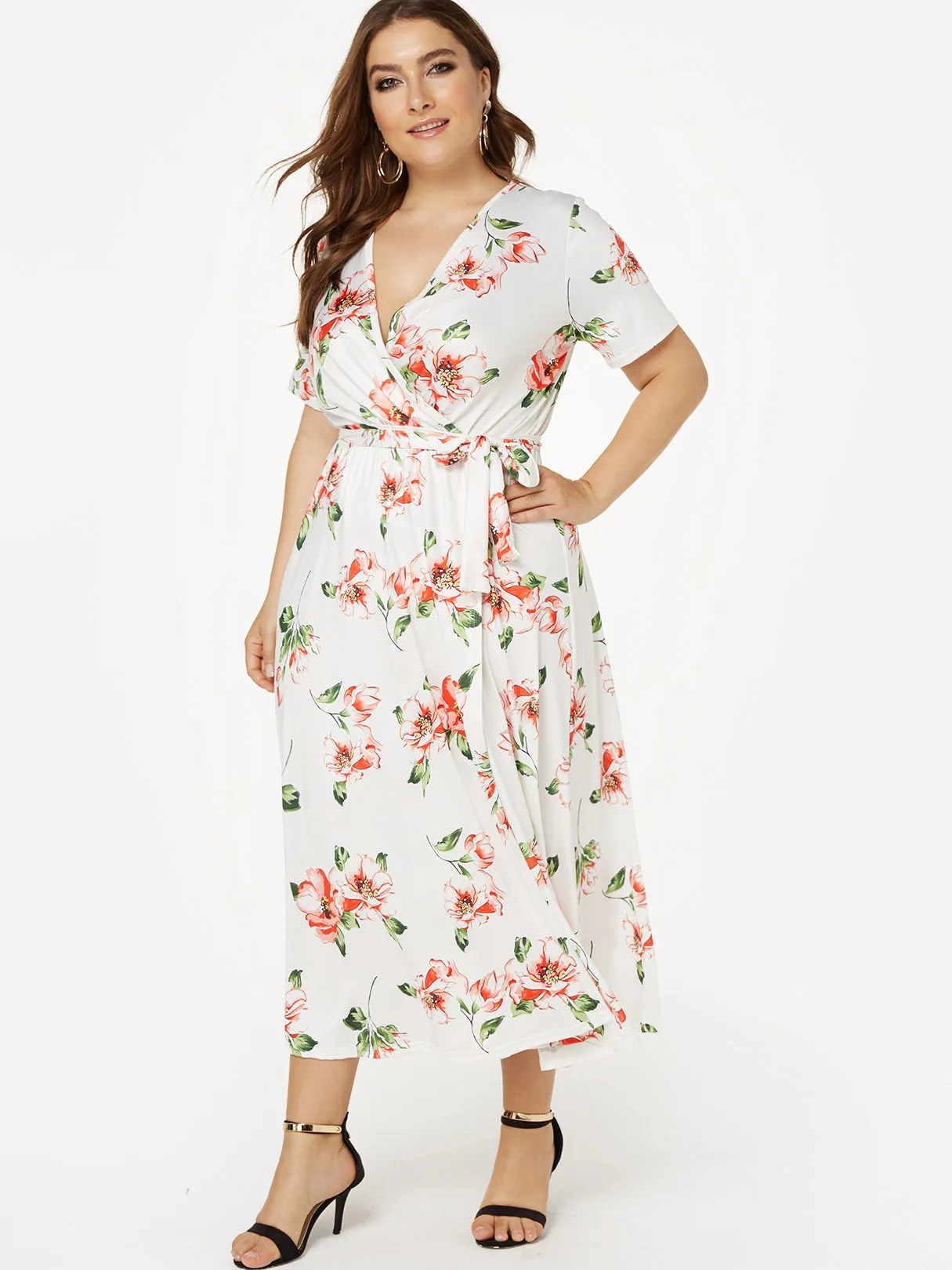 OEM ODM V-Neck Floral Print Short Sleeve Slit Hem Plus Size Dresses