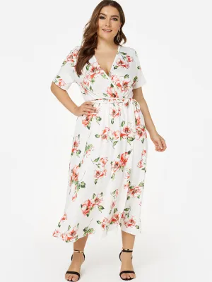 OEM ODM V-Neck Floral Print Short Sleeve Slit Hem Plus Size Dresses