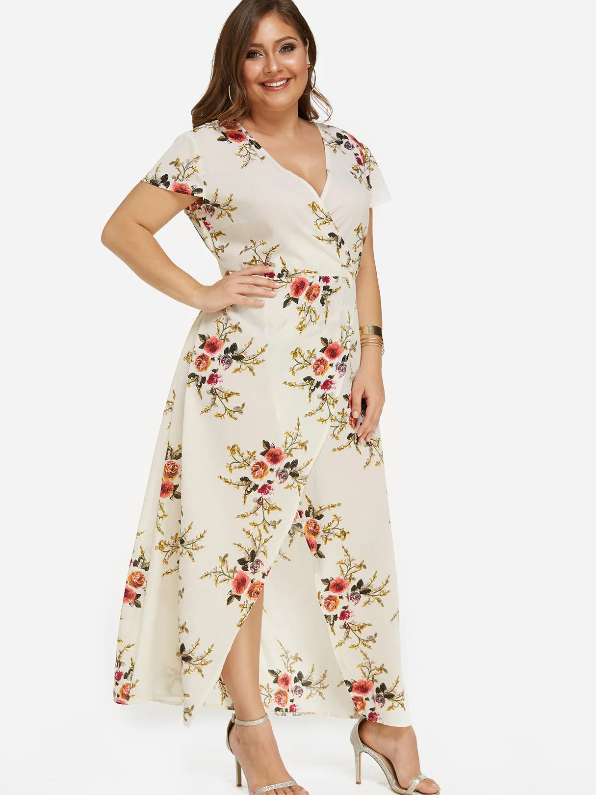 OEM ODM V-Neck Floral Print Short Sleeve Slit Hem Plus Size Maxi Dresses
