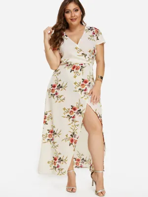 OEM ODM V-Neck Floral Print Short Sleeve Slit Hem Plus Size Maxi Dresses