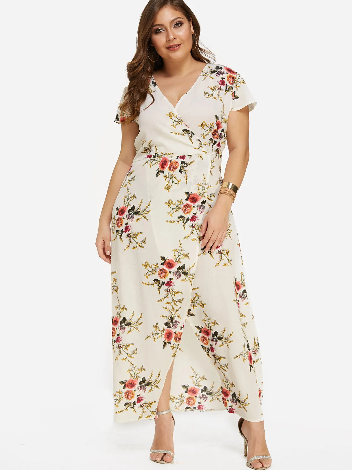 OEM ODM V-Neck Floral Print Short Sleeve Slit Hem Plus Size Maxi Dresses
