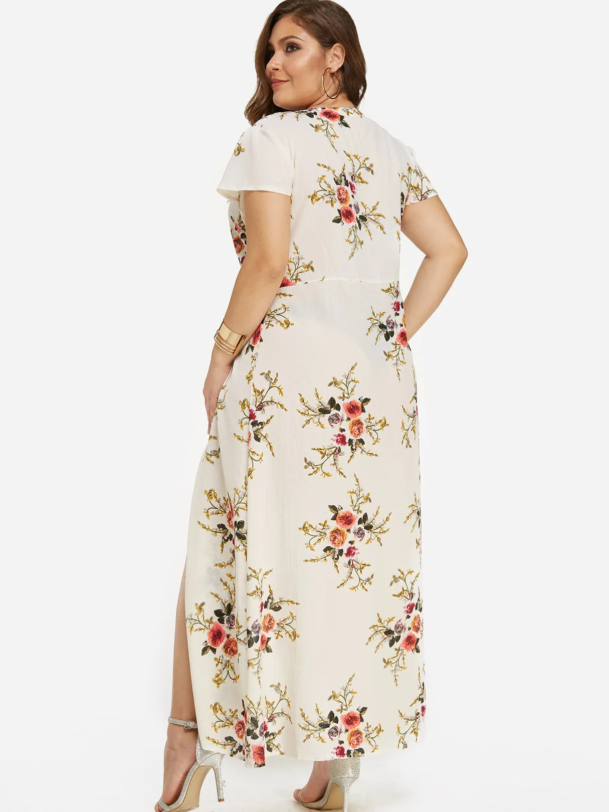 OEM ODM V-Neck Floral Print Short Sleeve Slit Hem Plus Size Maxi Dresses