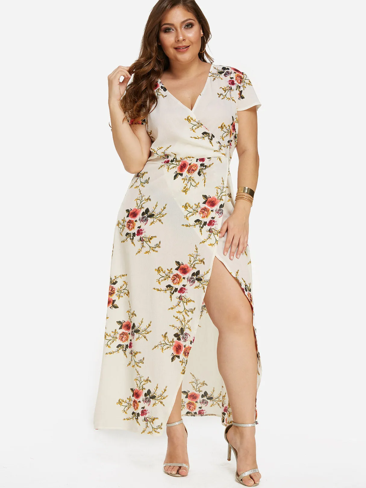 OEM ODM V-Neck Floral Print Short Sleeve Slit Hem Plus Size Maxi Dresses