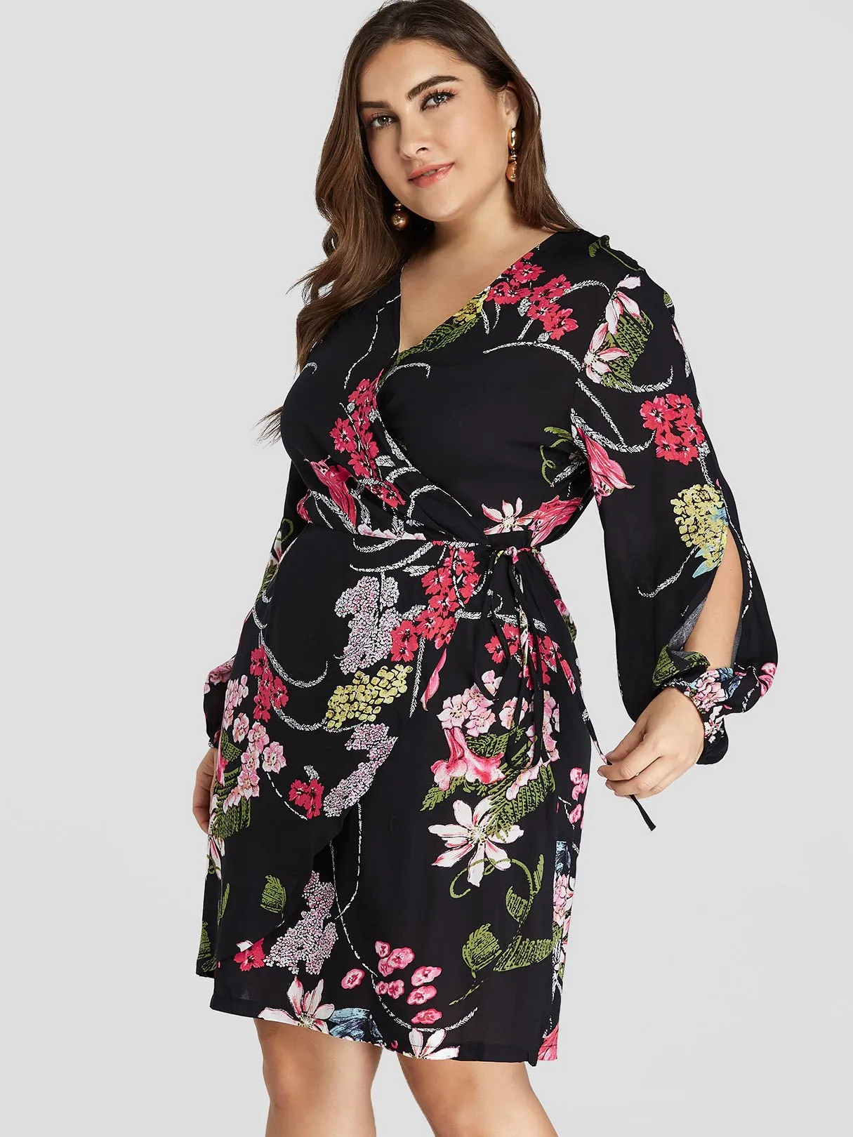 OEM ODM V-Neck Floral Print Slit Self-Tie Wrap Long Sleeve Plus Size Dress
