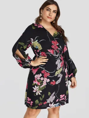 OEM ODM V-Neck Floral Print Slit Self-Tie Wrap Long Sleeve Plus Size Dress