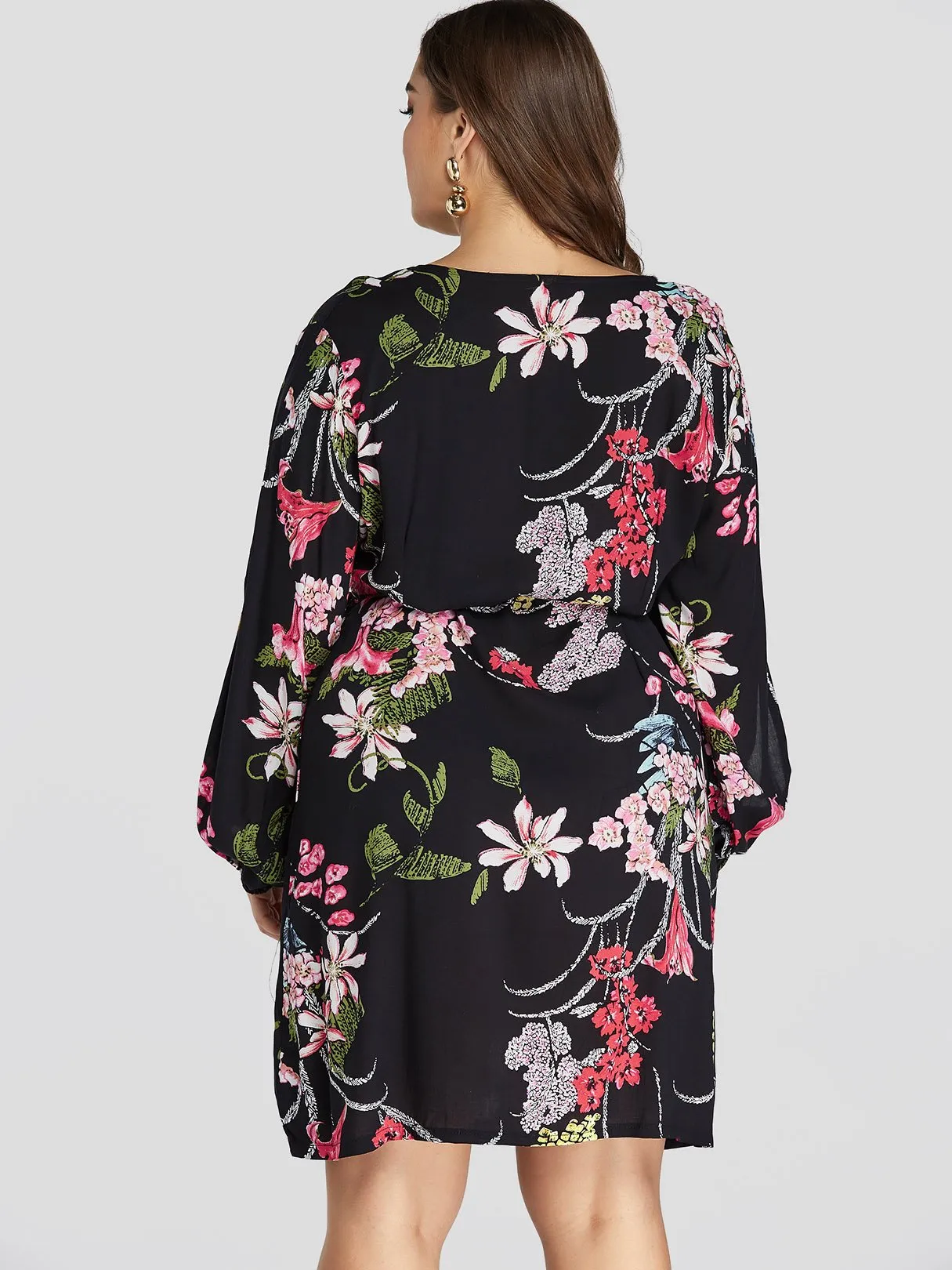 OEM ODM V-Neck Floral Print Slit Self-Tie Wrap Long Sleeve Plus Size Dress