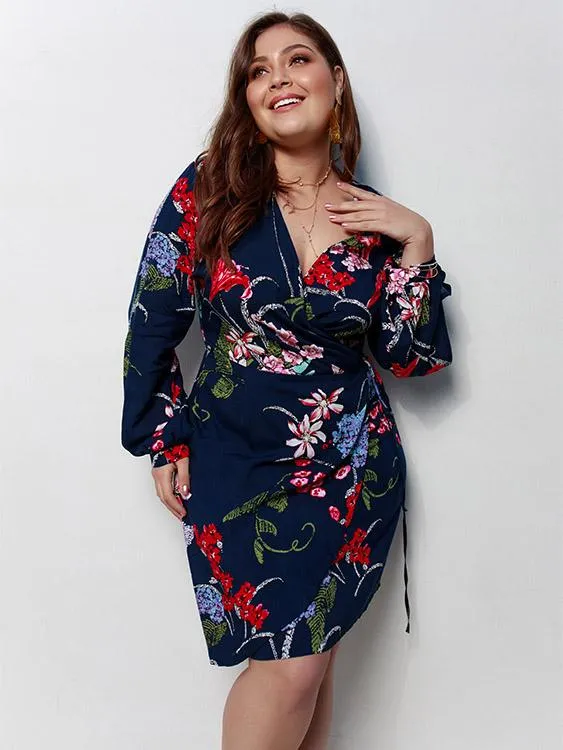 OEM ODM V-Neck Floral Print Slit Self-Tie Wrap Long Sleeve Plus Size Dress