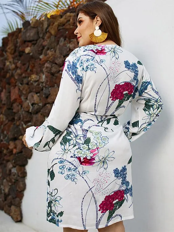 OEM ODM V-Neck Floral Print Slit Self-Tie Wrap Long Sleeve Plus Size Dress