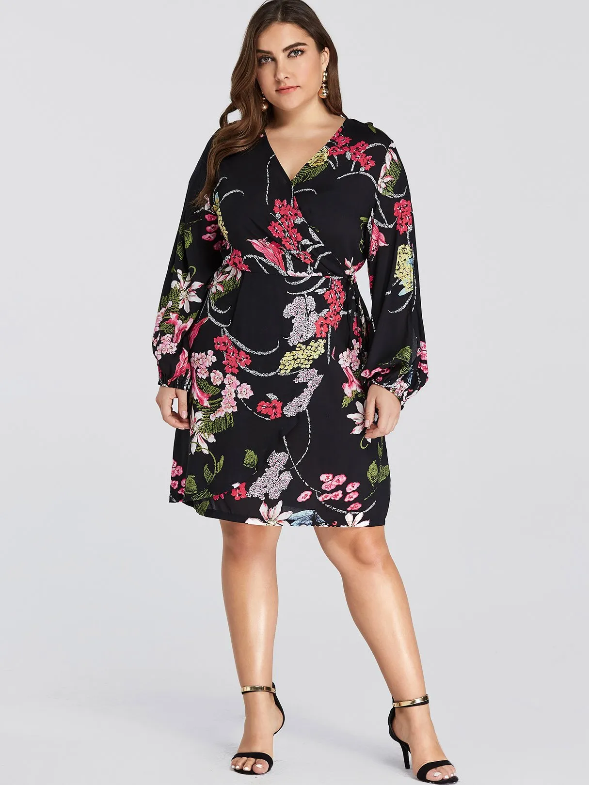 OEM ODM V-Neck Floral Print Slit Self-Tie Wrap Long Sleeve Plus Size Dress